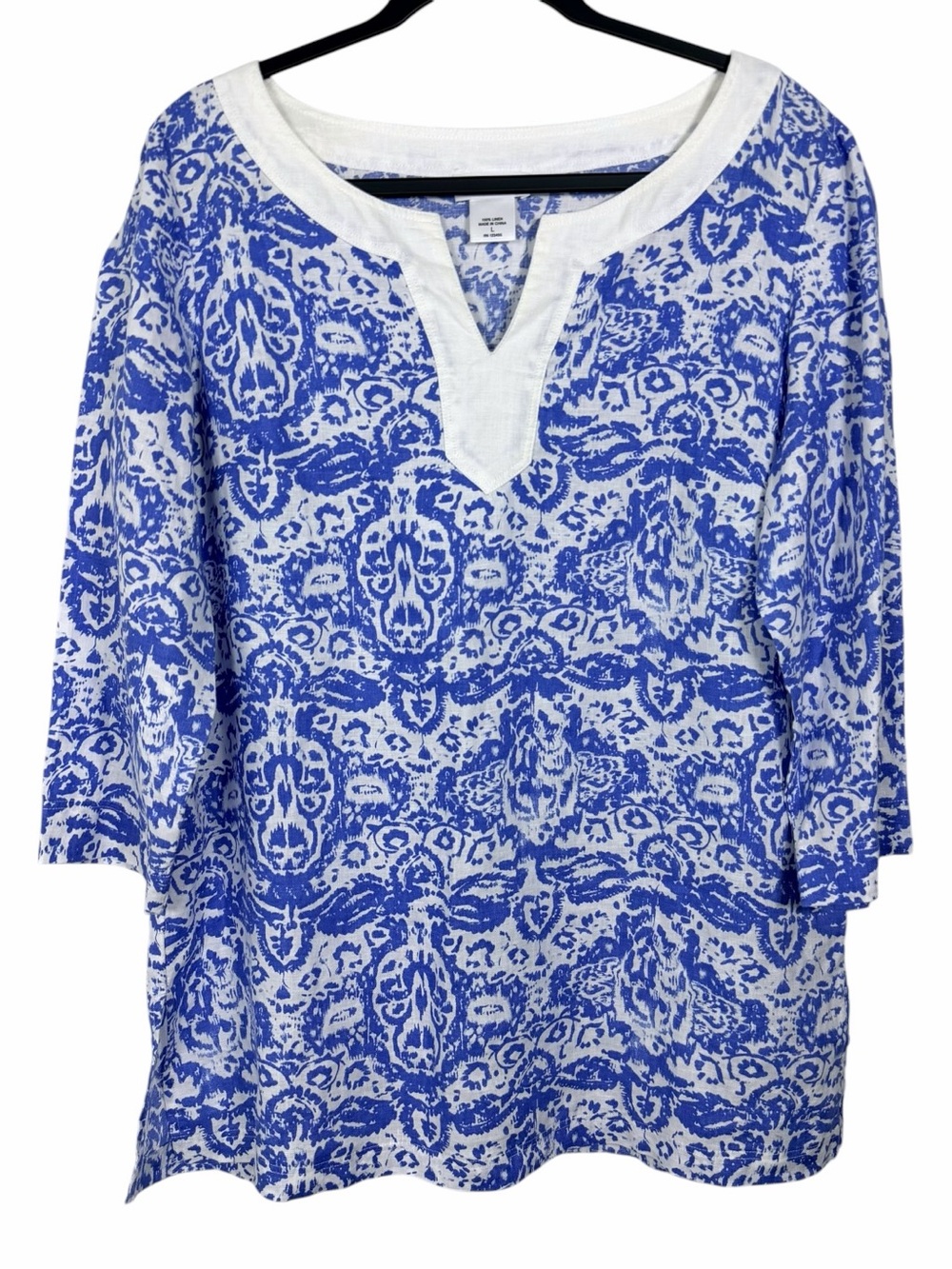 Kate Hill 100% Linen Blue White Print Split Neck Tunic Top L - Picture 2 of 7